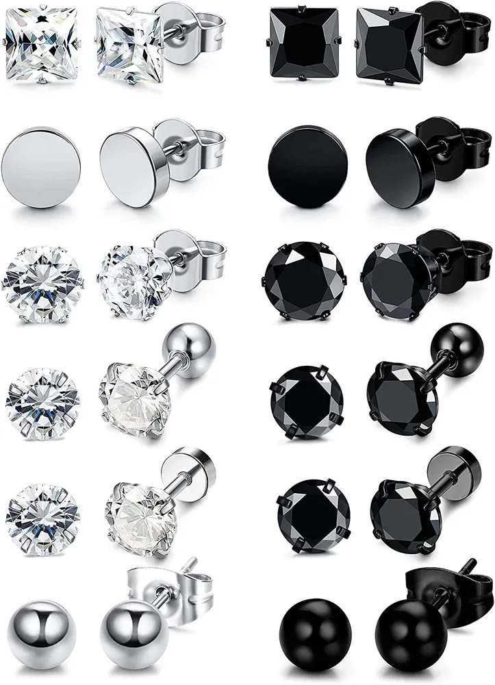 12 Pairs Stainless Steel Stud Earrings for Men Women Cool CZ Ear Piercing Earring Jewelry - Grocery