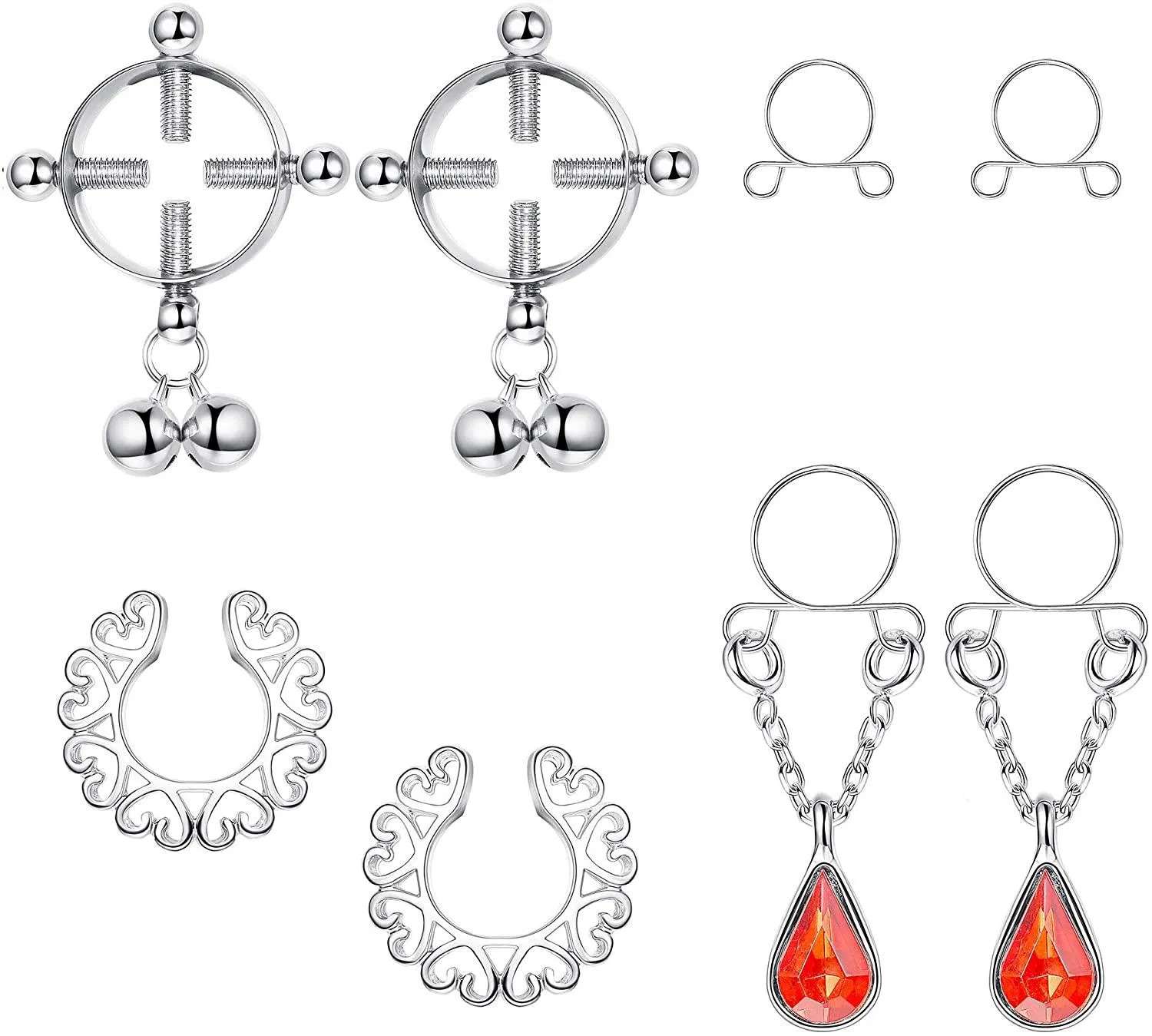 4Pairs Stainless Steel Fake Nipple Rings for Women Non-Piercing Dangle Nipplerings Faux Body Piercing Jewelry - Grocery