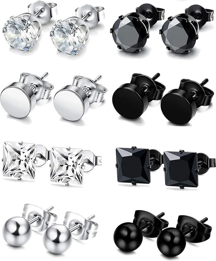 8 Pairs Stainless Steel CZ Stud Earrings Set Men Women Unisex Ear Piercing Jewelry - Grocery