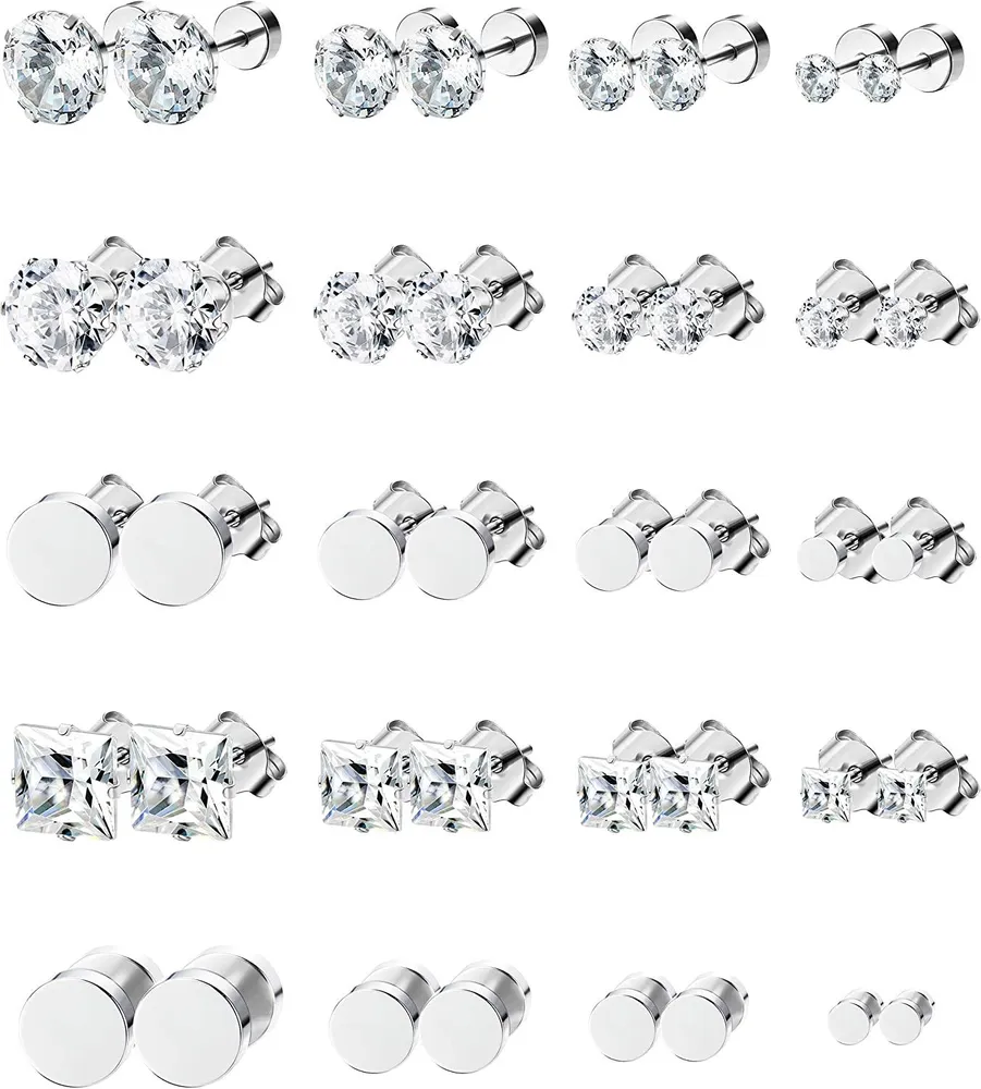 20 Pairs White Stainless CZ Stud Earrings Set for Men Women Cubic Zirconia Earrings Piercing; White - Grocery