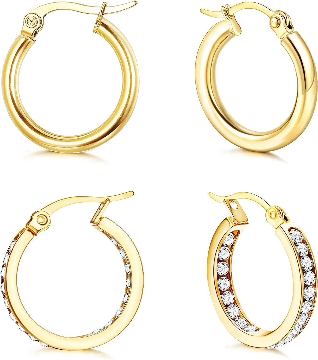 2 Pairs Stainless Gold Sliver Plated Hoop Earrings For Women Men Cute Small Huggie Earrings Big Click-Top CZ Hoop Earrings Set - Grocery
