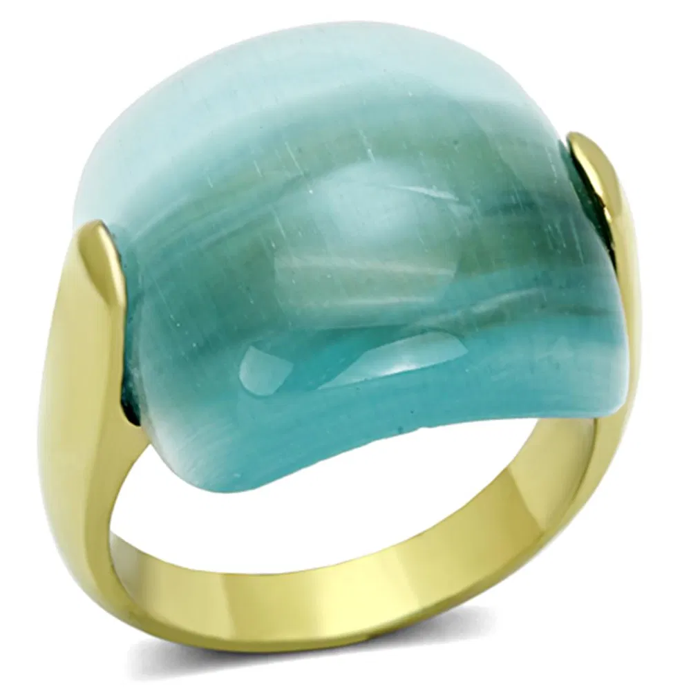 TK1237 - IP Gold(Ion Plating) Stainless Steel Ring with Synthetic Cat Eye in Sea Blue - Grocery