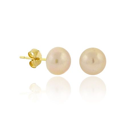 14K Gold Genuine Freshwater Cultured Pink 6-6.5mm Button Pearl Stud Earrings - Grocery