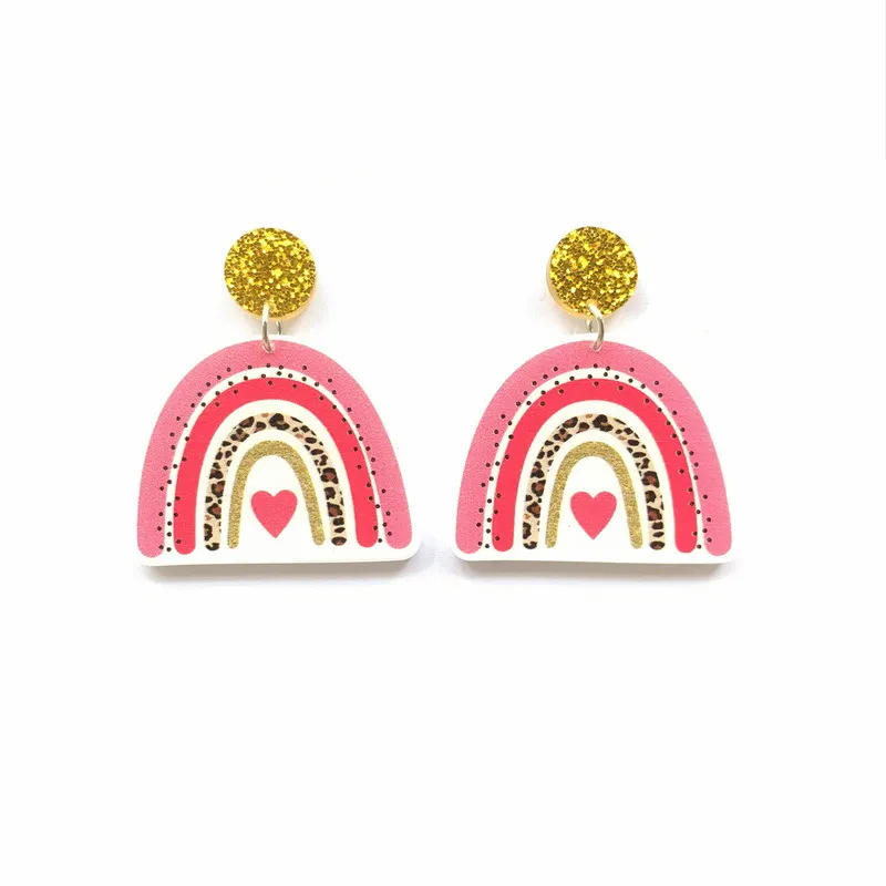 Women's Fashion Love Leopard Print Rainbow Acrylic Patchwork Earrings - Grocery