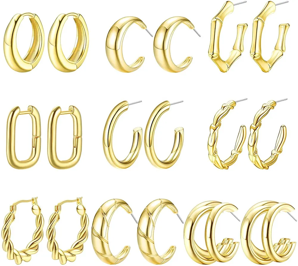 9 Pairs Chunky Gold Hoop Earrings Set for Women Hypoallergenic Thick Open Twisted Huggie Hoop Earrings Jewelry - Grocery
