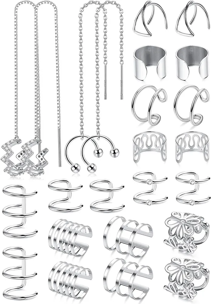 12 Pairs Wave Cuff Chain Earrings Helix Cartilage Clip On Wrap Earrings Stainless Steel Non Piercing Earrings Set - Grocery