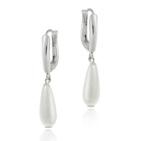 Sterling Silver White Simulated Pearl Teardrop Leverback Earrings - Grocery