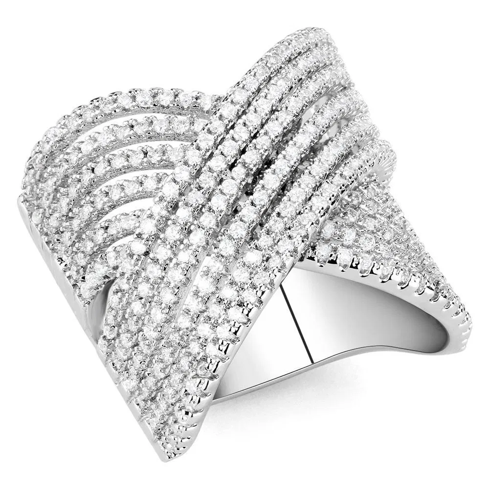 3W1539 - Rhodium Brass Ring with AAA Grade CZ in Clear - Grocery