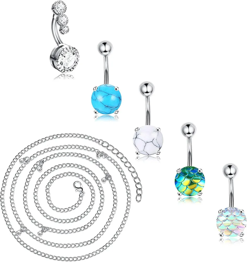 14G Belly Button Rings with Waist Chain Surgical Stainless Diamond CZ Dangle Belly Rings Cute Navel Rings Dangle Belly Button Piercing Jewelry for Women - Grocery