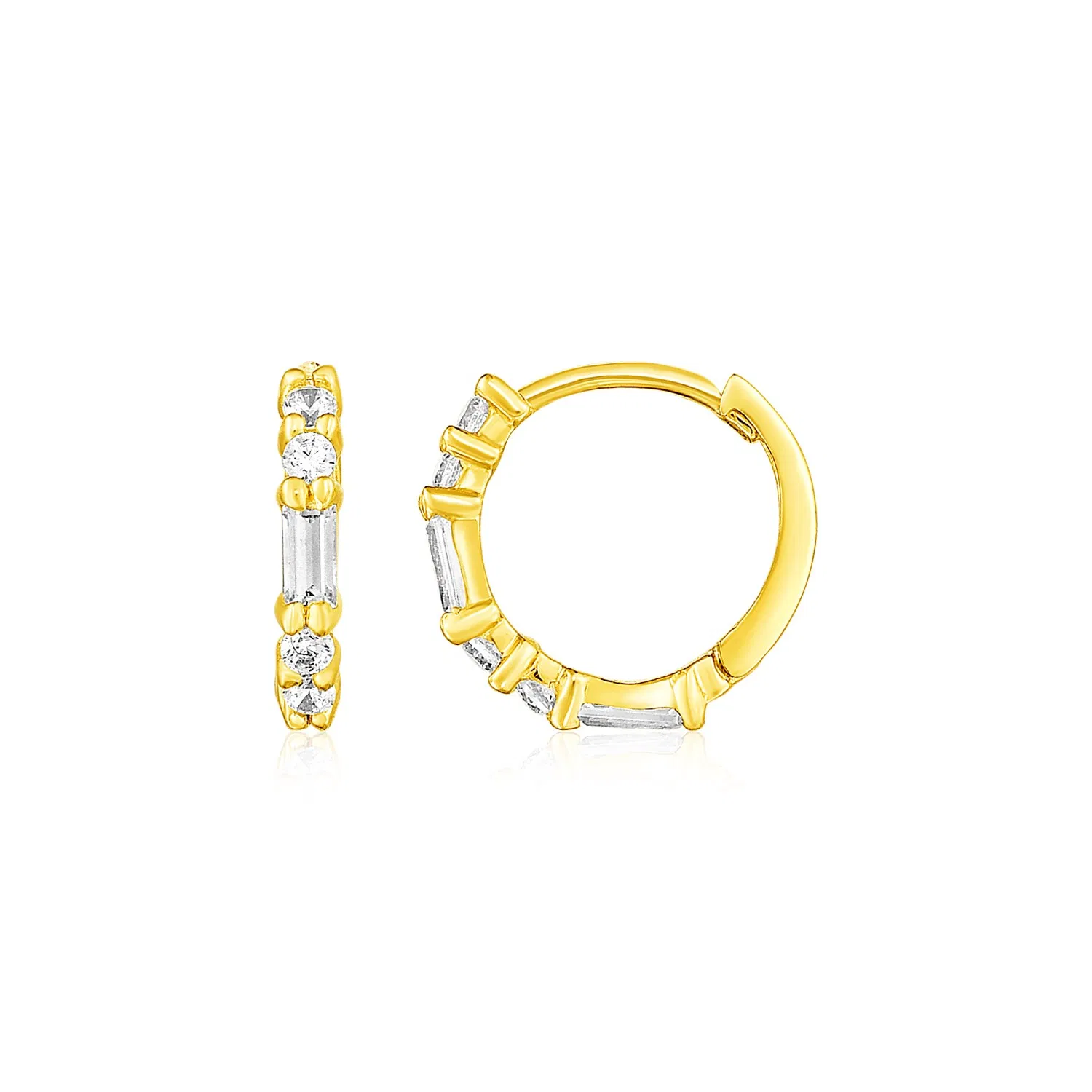14k Yellow Gold Petite Hoop Earrings with Baguette Cubic Zirconias - Grocery