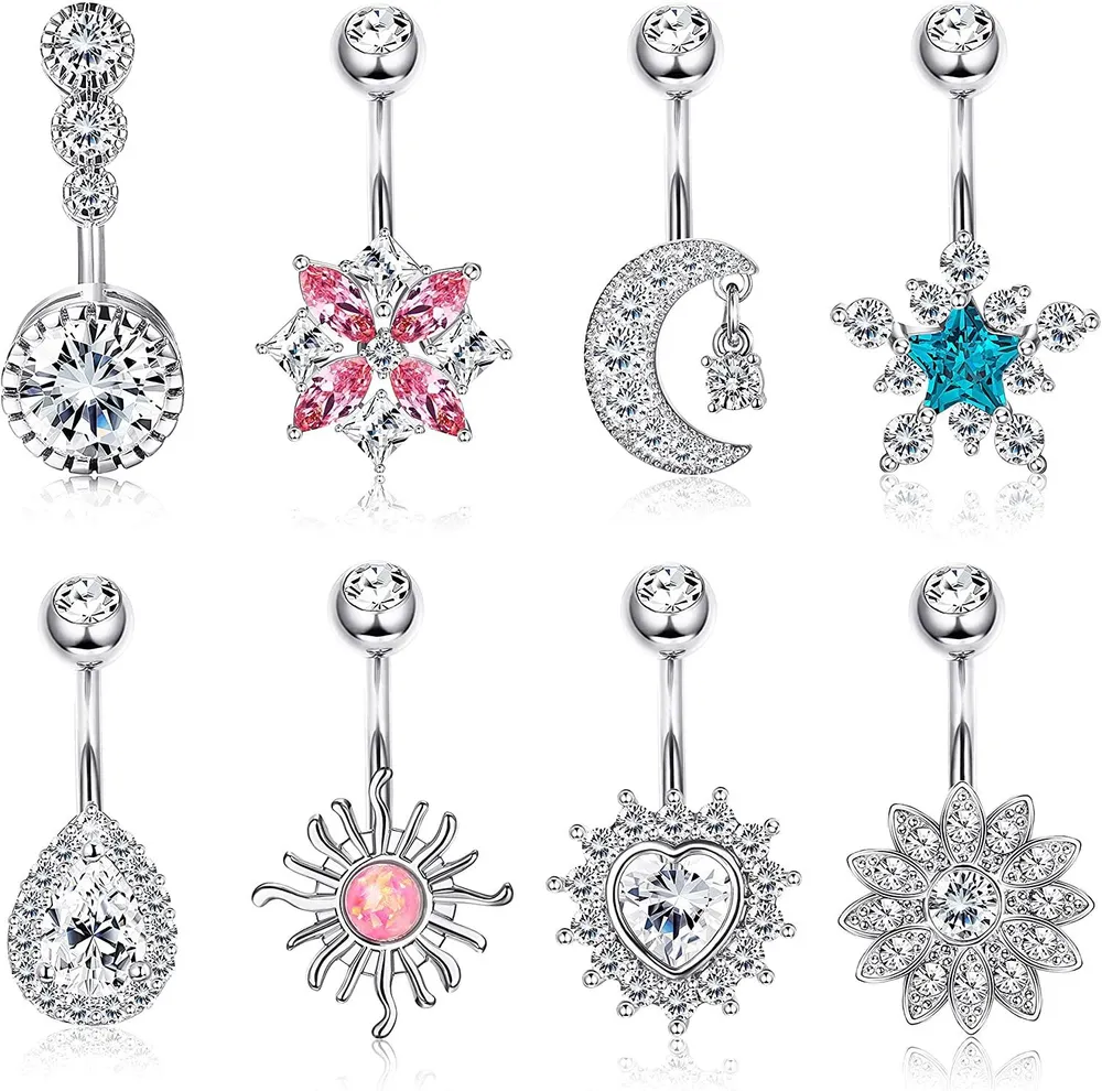 14G Belly Rings for Women Stainless Belly Button Rings Paved CZ Belly Piercing 8 Pcs - Grocery