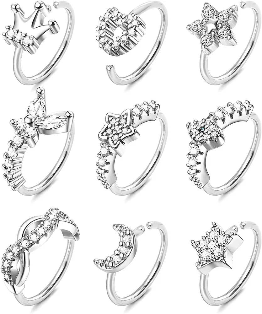 9Pcs 20G Nose Rings Hoop for Women Men Paved CZ Butterfly Star Moon Nose Ring Cartilage Helix Earrings Hoop Nose Piercing Jewelry Gold Silver Plated - Grocery