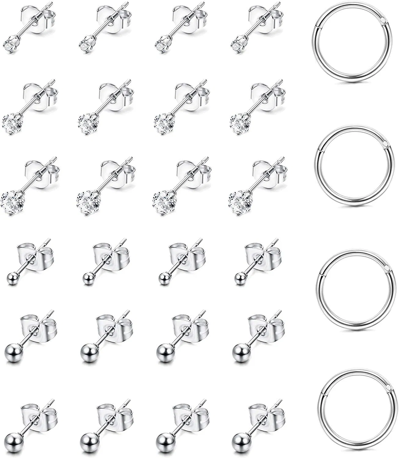 14 Pairs Stainless Earrings for Men Women Cubic Zirconia Round Ball Stud Cartilage Hoop Earrings Set - Grocery