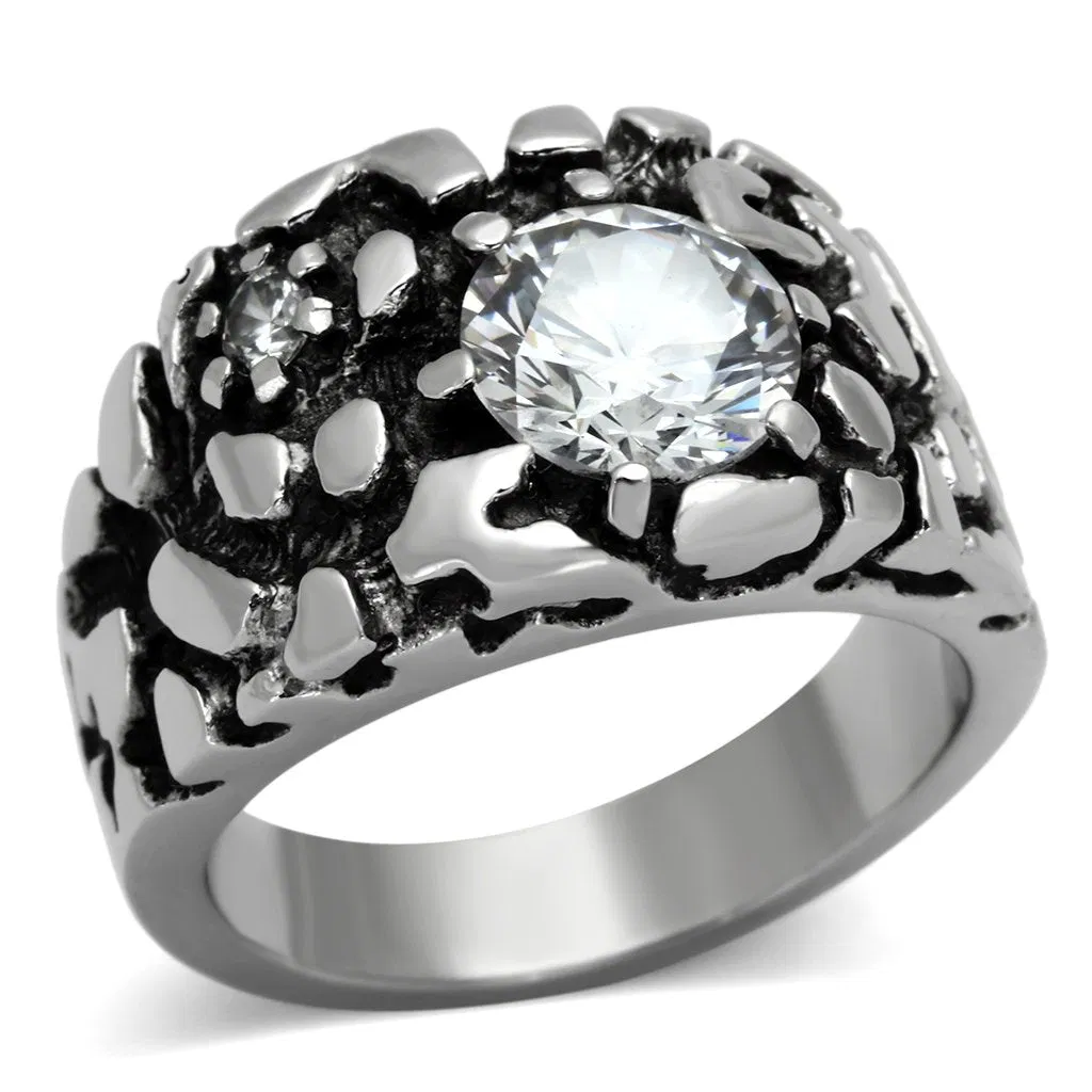 TK958 - High polished (no plating) Stainless Steel Ring with AAA Grade CZ in Clear - Grocery