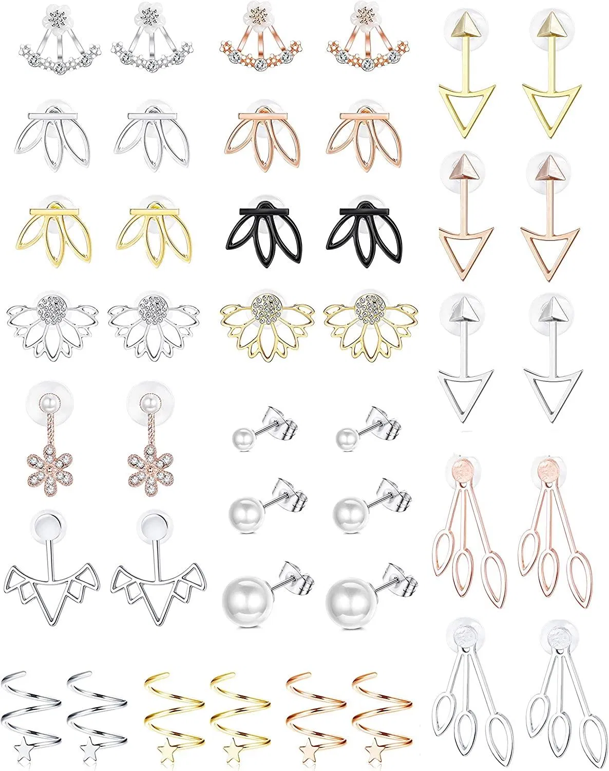 21Pairs Ear Jacket Studs Lotus Flower Earrings for Women Simple Chic CZ Earrings Jewelry - Grocery