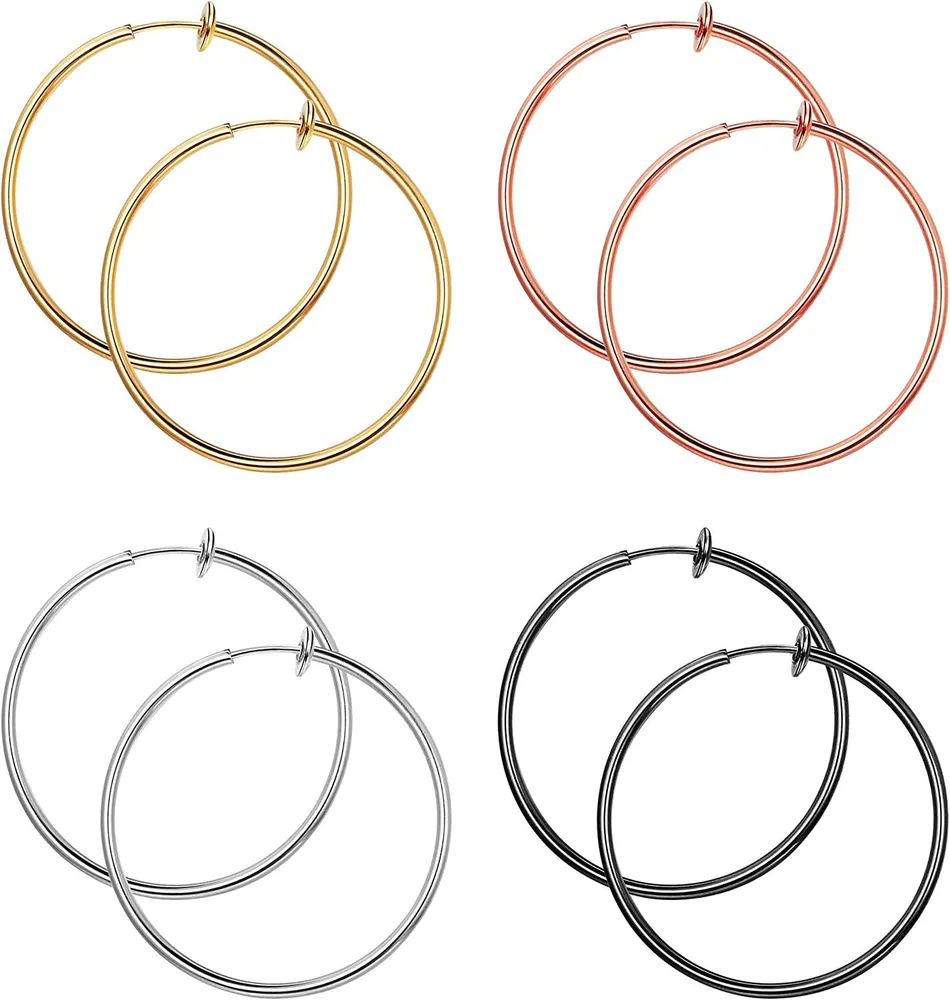 4 Pairs Stainless Fake Hoop Earrings for Woman Men Big Clip On Hoop Earrings Set Non-Pierced Ear - Grocery
