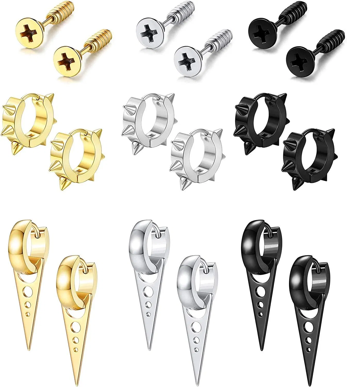 9 Pairs Stainless Punk Studs Spike Earrings for Men Women Screws Hoop Triangle Earrings Gothic Set - Grocery