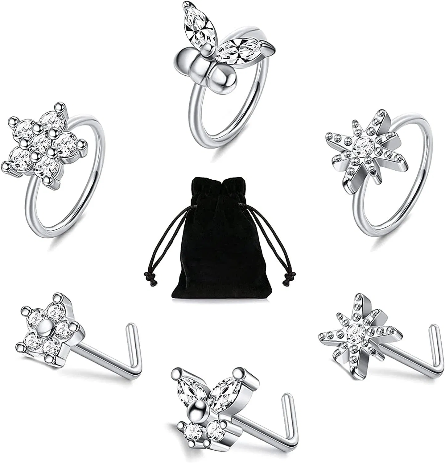 6Pcs 20g Butterfly Nose Rings Hoop for Women Men 316L Stainless L Shaped Nose Ring Clear CZ Flower Star Ear Nose Piercing Jewelry - Grocery
