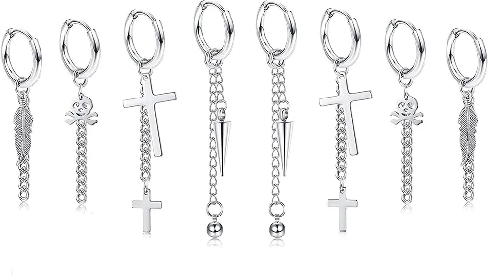 4 Pairs Stainless Steel Silver Tone Hoop Dangle Earrings for Men Women Hinged Piercing Earring Cool Punk Kpop Chain Earrings Unisex - Grocery
