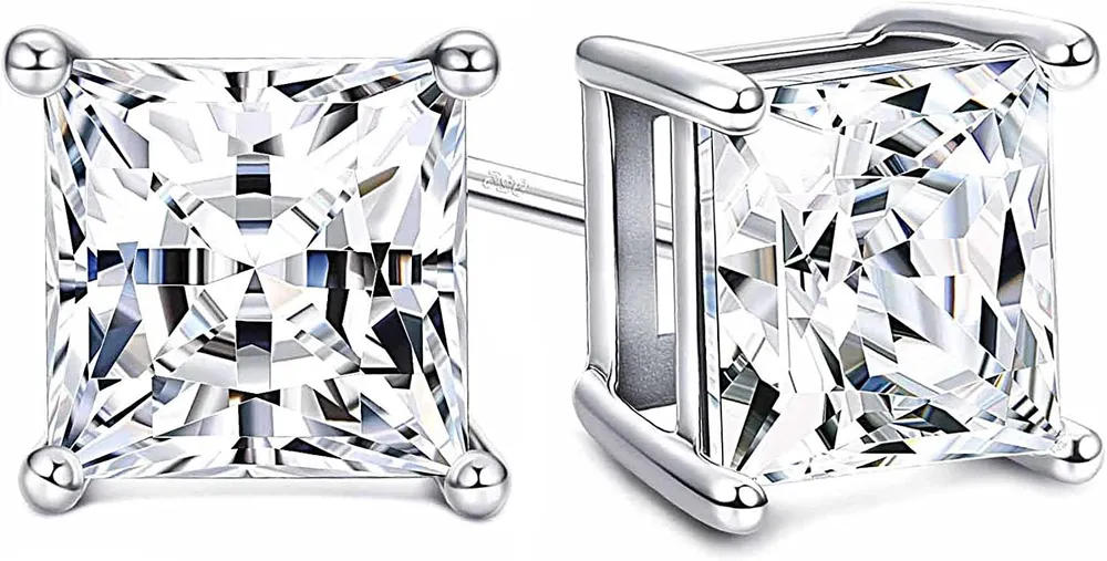 Set with Swarovski Zirconia Stud Earrings for Women Made of Sterling 4-Prongs Princess-Cut CZ 2.00cttw Hypoallergenic - Grocery