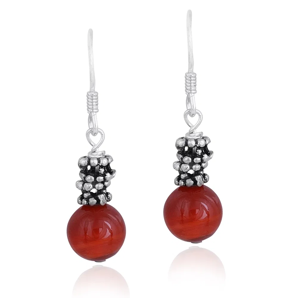 Sterling Silver 8mm Carnelian Stone Bali Bead Dangle Earrings - Grocery
