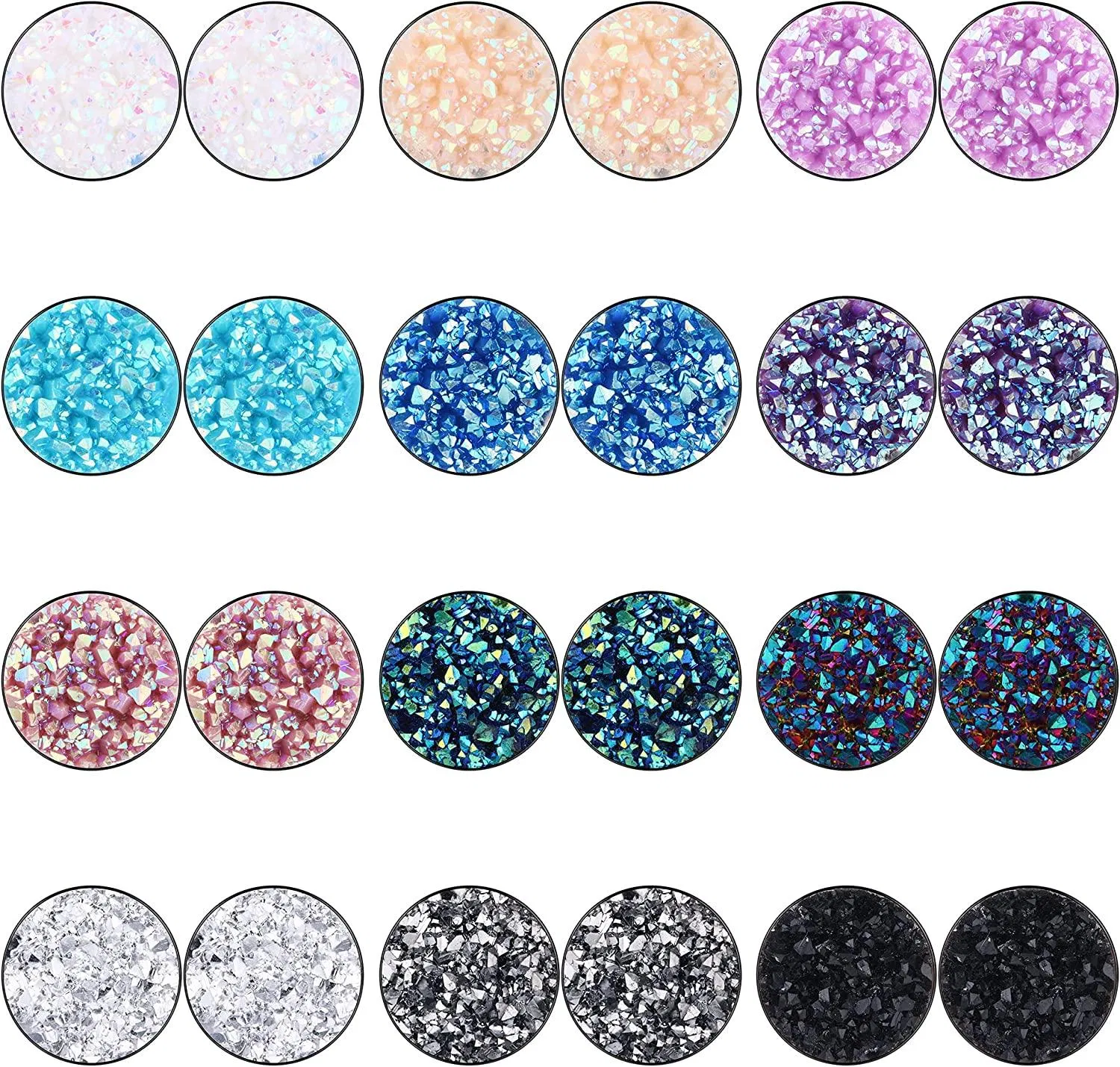 12 Pairs Fake Gauges Earrings for Women Men Stainless Druzy Stud Earrings Cheater Faux Plugs Ear Tunnel 16G - Grocery