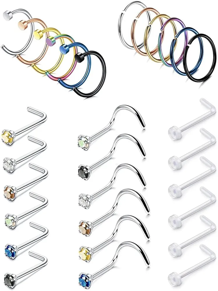 24 Pcs 20G Stainless Steel Hoop Nose Rings Screw Stud Rings Piercing Jewelry Colored CZ Inlaid - Grocery