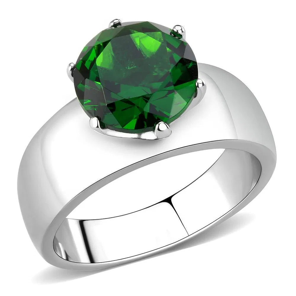 TK52005 - High polished (no plating) Stainless Steel Ring with Synthetic Synthetic Glass in Emerald - Grocery
