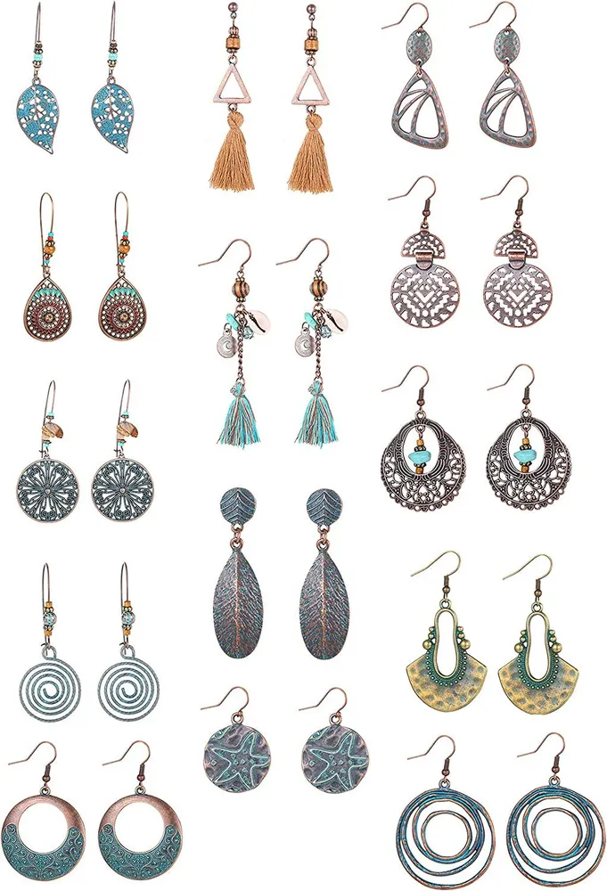 14Pairs Vintage Boho Earrings Dangle Pendant Earrings Alloy Long Bohemian Retro Drop Earrings Set for Women - Grocery