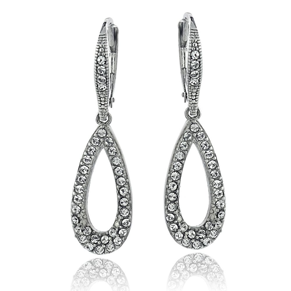 Silver Tone Swarovski Elements Open Teardrop Leverback Dangle Earrings - Grocery