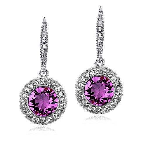 Silver Tone Purple & Clear Swarovski Elements Halo Dangle Leverback Earrings - Grocery
