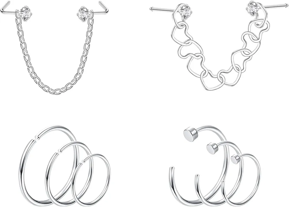 20G Nose Ring Chain Piercing Nostril Jewelry Set 316L Stainless Nose Stud Heart Nose Chain Dangle Double Nose Bone Nose Hoop Piercing - Grocery