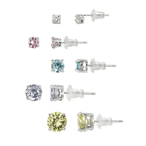 Sterling Silver Multi Color CZ Stone Stud Earrings - Grocery
