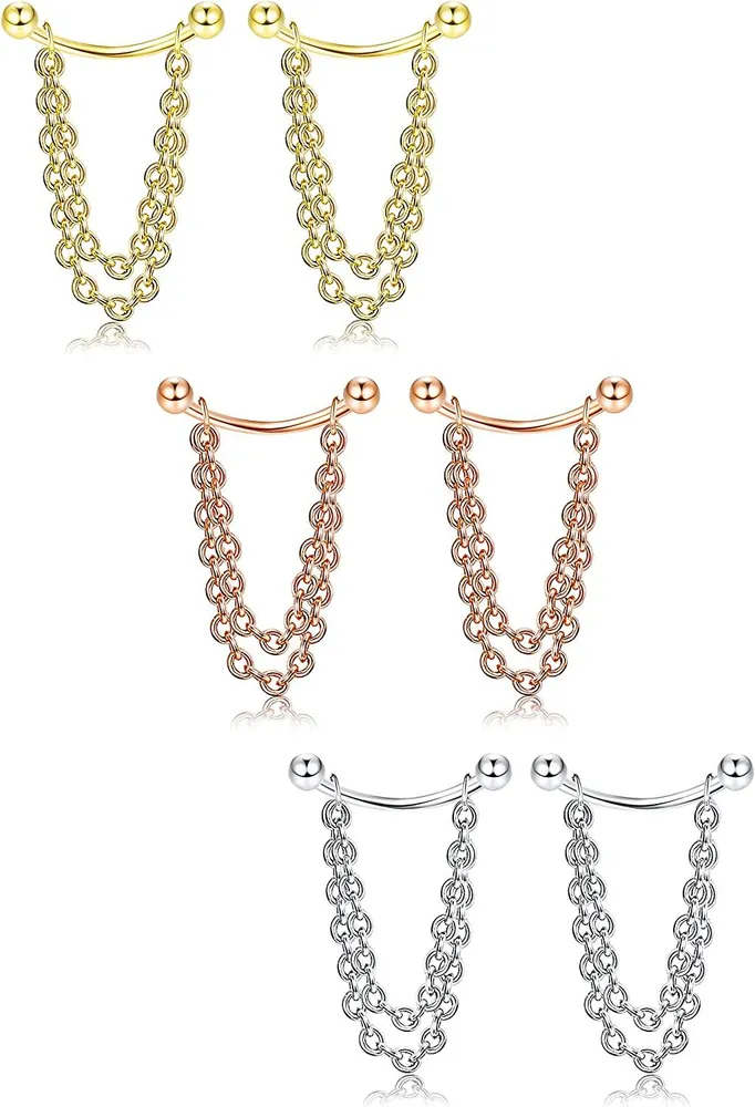 3Pairs 16g Conch Chain Earring 316L Stainless Helix Earring Rose Gold Conch Earring Ear Cartilage Chain Earring Jewelry - Grocery