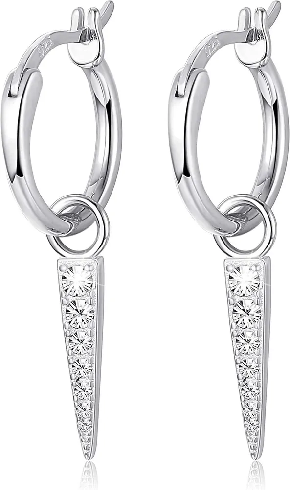 925 Sterling Silver Spike Huggie Hoop Earrings for Women Cubic Zirconia Triangle Dangle Hoop Earrings White Gold Plated - Grocery