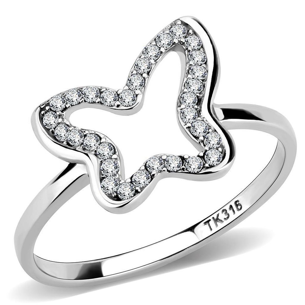 DA241 - High polished (no plating) Stainless Steel Ring with AAA Grade CZ in Clear - Grocery
