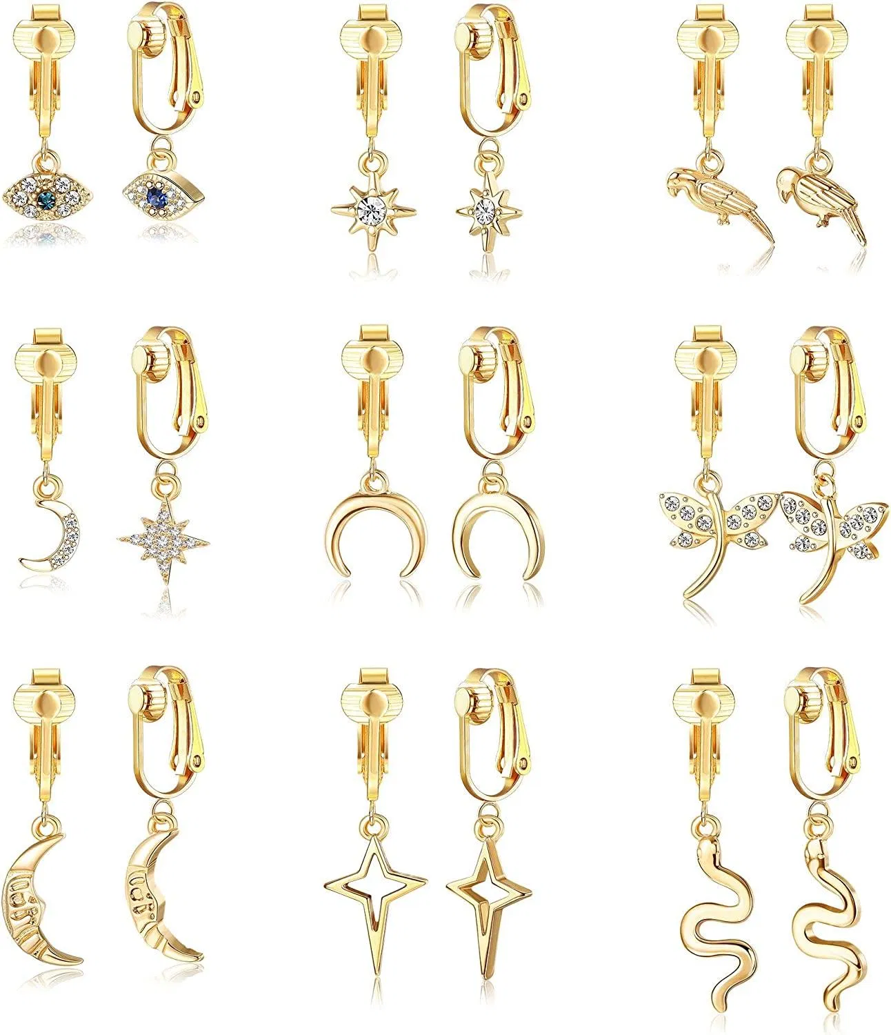 9 Pairs 14K Gold Plated Clip on Earrings for Women Teens Boho Charm Earrings Clip-on Hoop Dangle Drop Earrings Non Piercing Set - Grocery