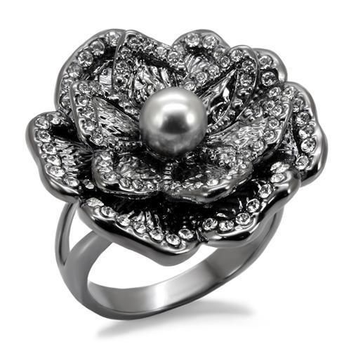 LO1681 - TIN Cobalt Black Brass Ring with Synthetic Pearl in Light Gray - Grocery