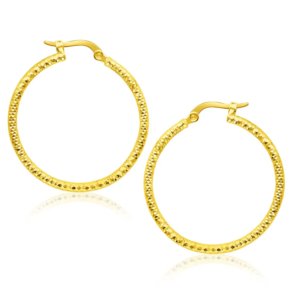 14k Yellow Gold Tube Textured Round Hoop Earrings(1.5x25mm) - Grocery