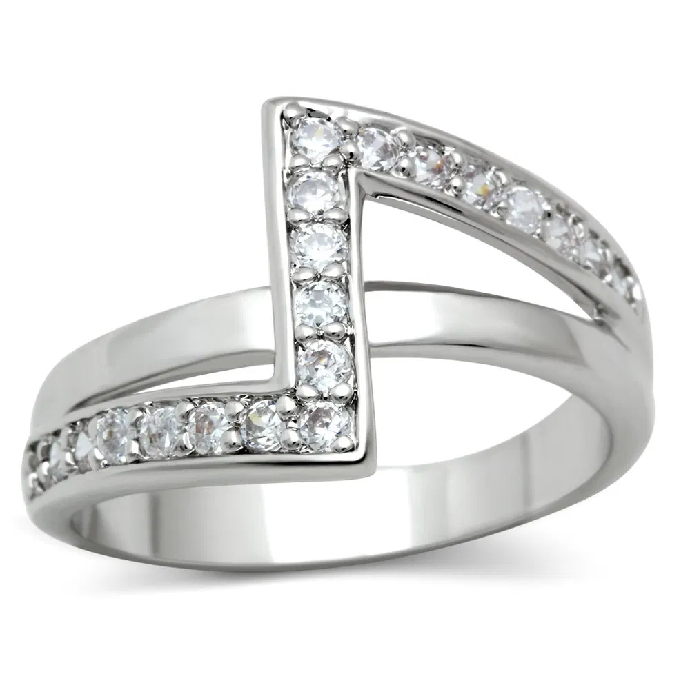 3W127 - Rhodium Brass Ring with AAA Grade CZ in Clear - Grocery