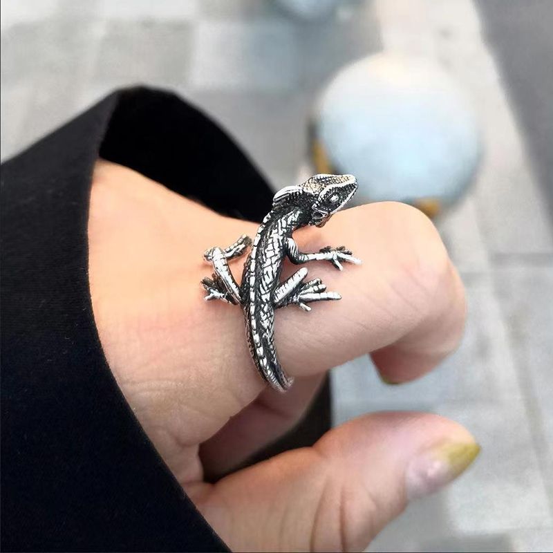 Retro Lizard Small Dinosaur Ring Mens Open Mouth Hipster Punk Creative Ring - Grocery