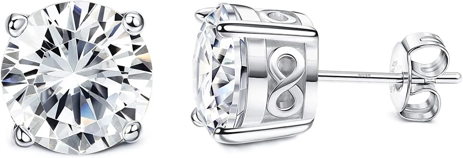 925 Sterling CZ Stud Earrings for Men Women Four-prong Round Clear Zirconia Earring Studs Butterfly Backed Earrings Jewellery; 4mm - Grocery