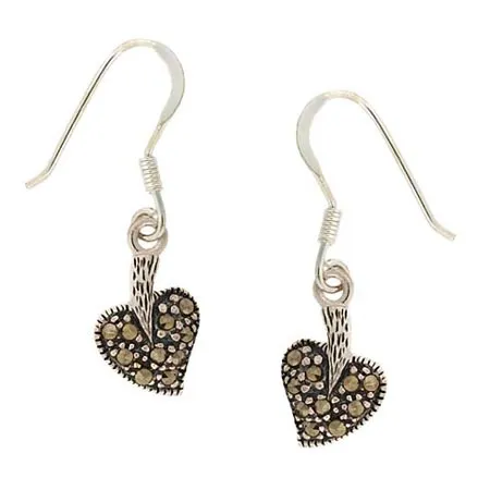 Sterling Silver Marcasite Heart Shaped Dangle Earrings - Grocery