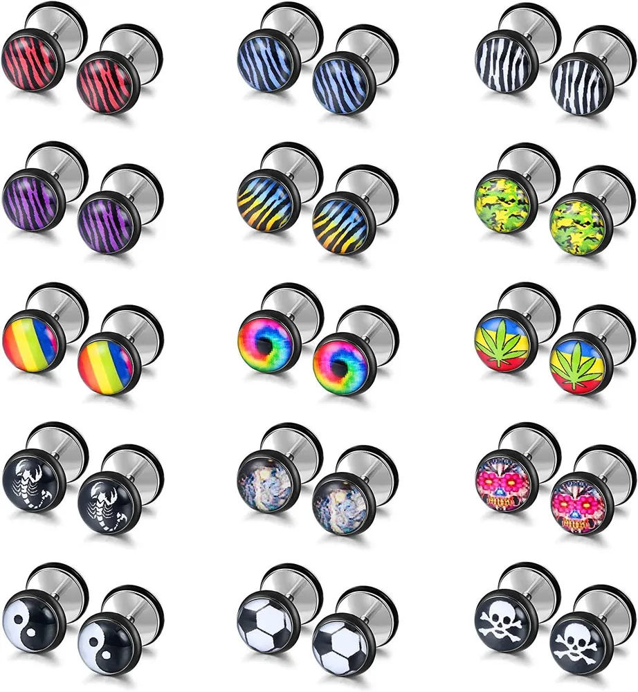 15 Pairs Fake Gauge Stud Earrings for Men Women Fake Ear Piercing Plugs Earrings Face Guage Illusion Tunnel Surgical Screw Flat Backed Stud Earrings Set - Grocery