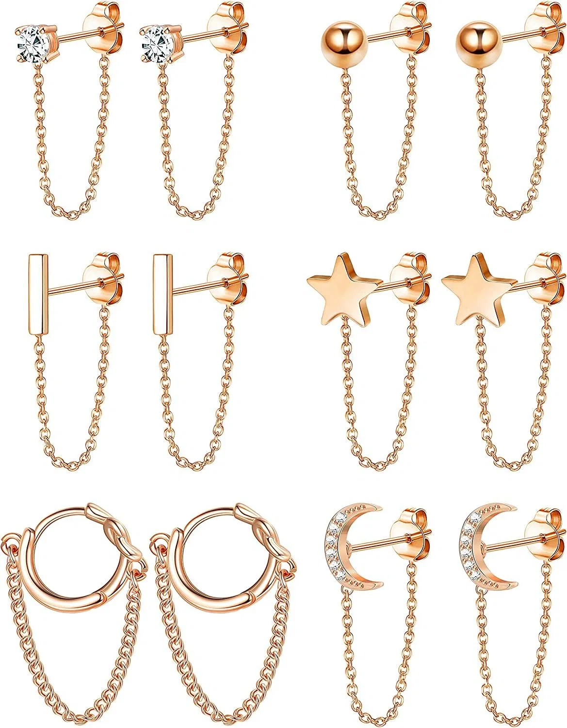 6 Pairs Chain Stud Earrings Set for Women Copper Chain Earrings Hoop Dangle Minimalist Cubic Zirconia Bar Ball Star and Moon Stud Earring - Grocery