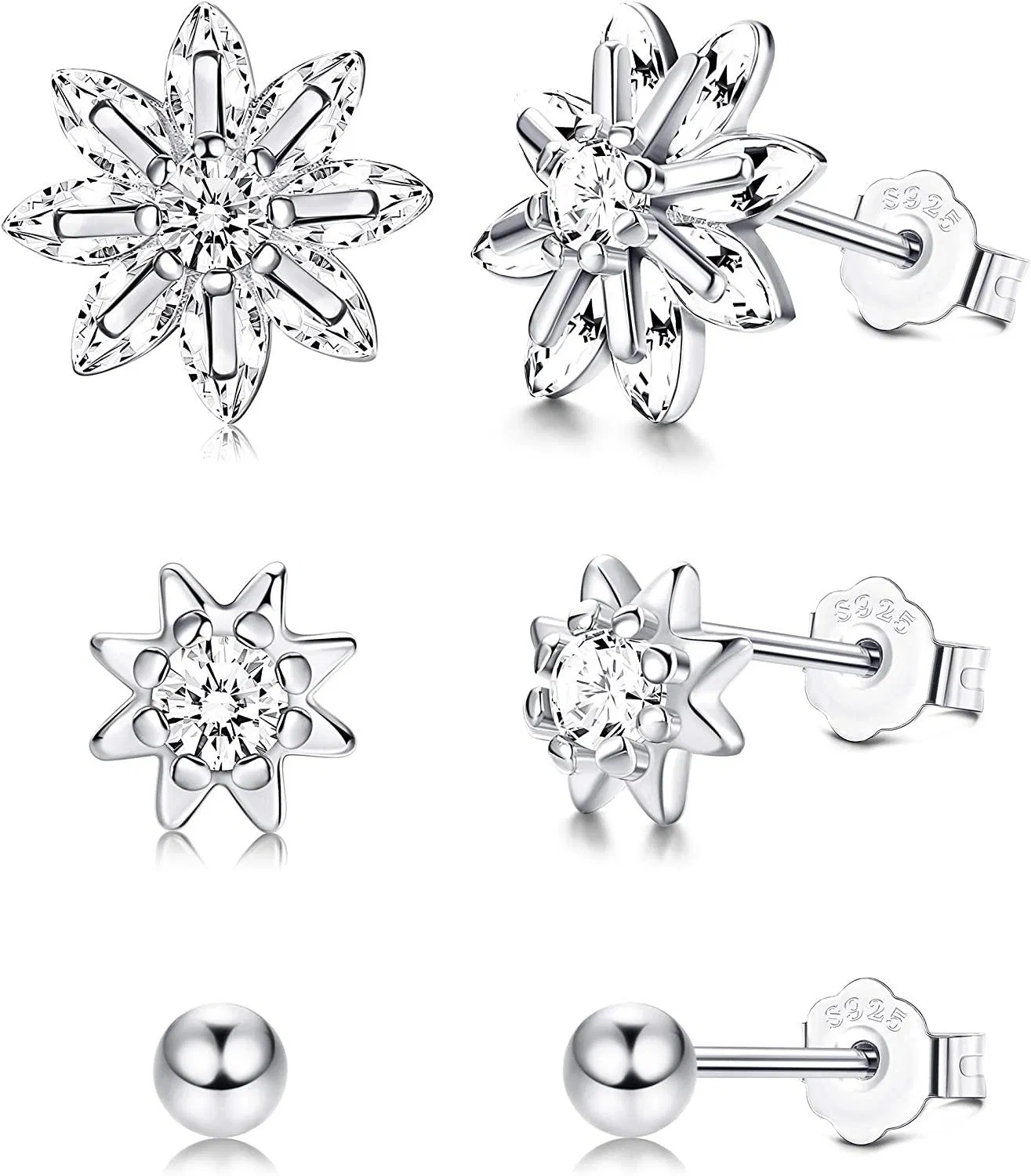3 Pairs Sterling Stud Earrings - Flower Ball Small Stud Earrings Set Cubic Zirconia Stud Earrings for Women - Grocery
