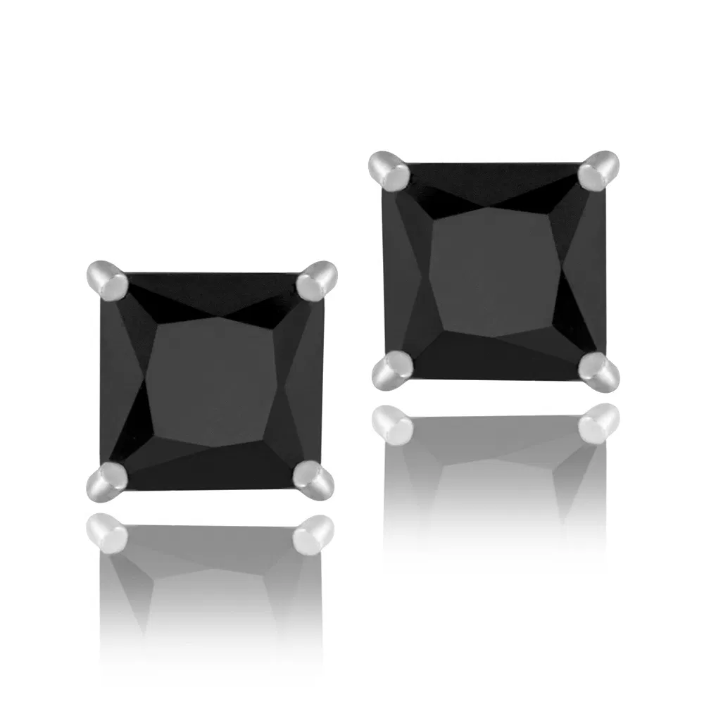 Sterling Silver Black CZ 6mm Square Stud Earrings - Grocery
