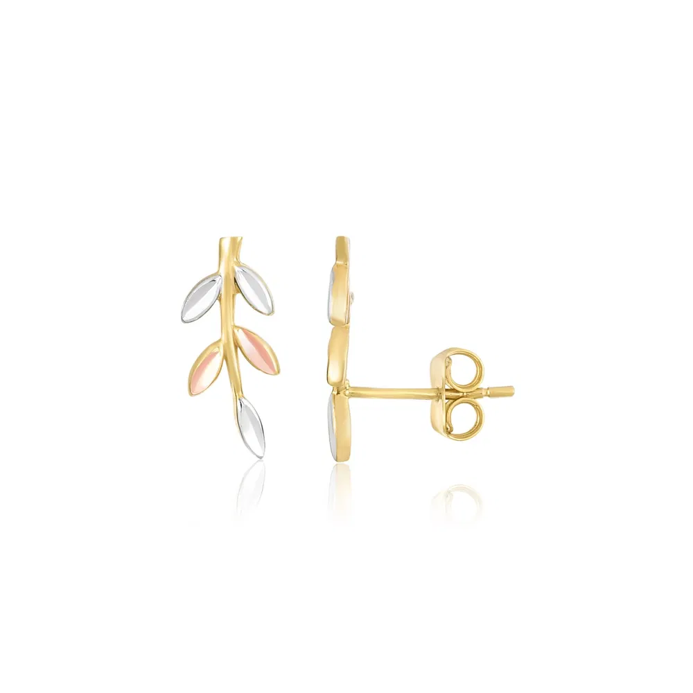 14k Tri-Color Gold Sprig Climber Style Stud Earrings - Grocery