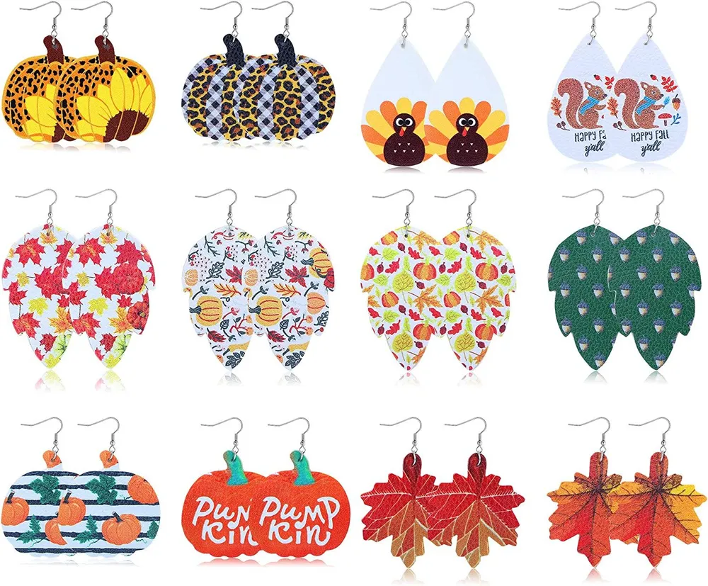 12 Pairs Leather Earrings for Women Teardrop Earrings Holiday Earrings Bulk for Christmas Thanksgiving - Grocery
