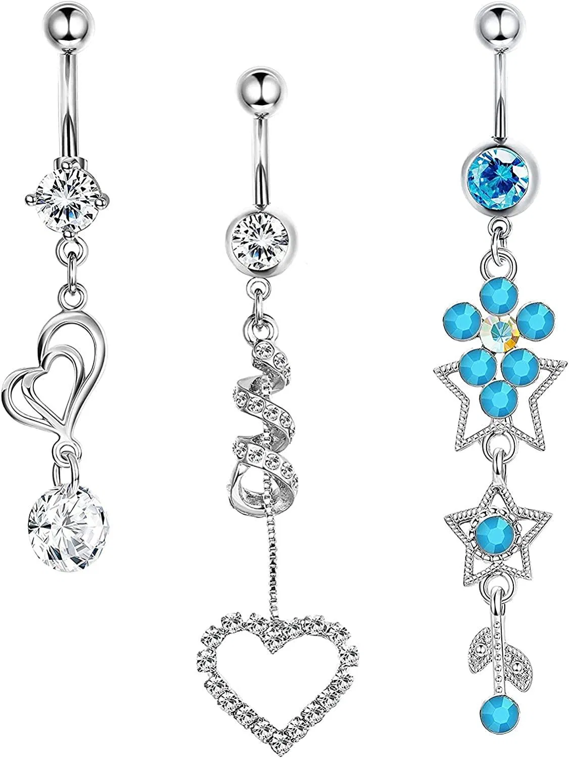 14G Belly Button Rings Dangle for Women Surgical Curved Navel Rings Barbell Clear CZ Body Piercing Jewelry - Grocery